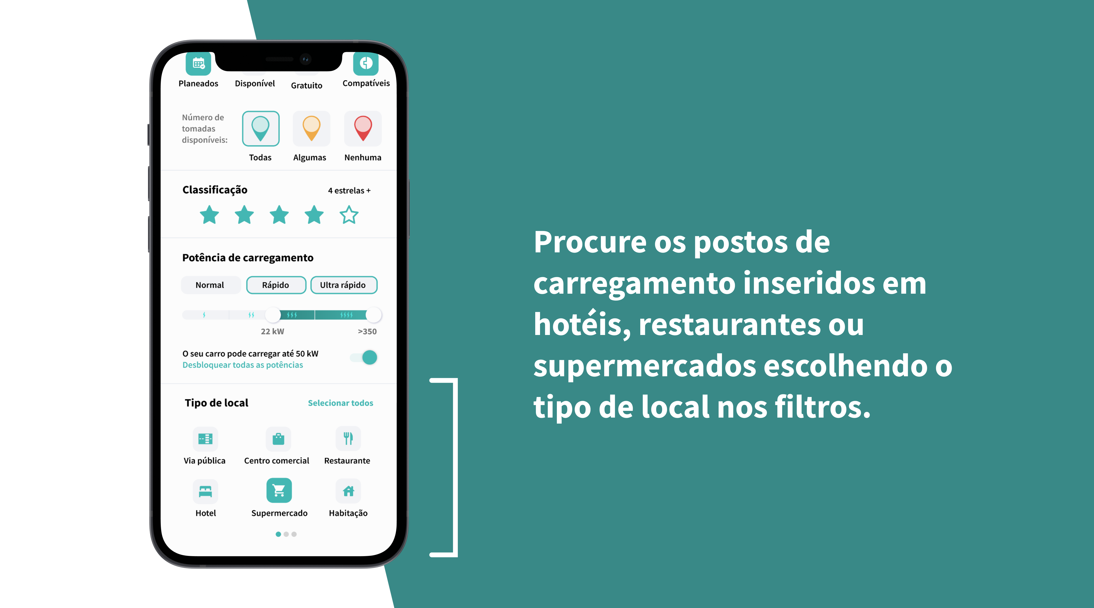Filtros para encontrar postos de carregamento em hotéis, restaurantes ou supermercados